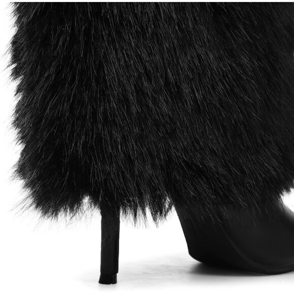 Women's A-Black Suede Fur Knee High Heels Wide Calf Fold Fashion Boots Shoes - Picture 5 of 7